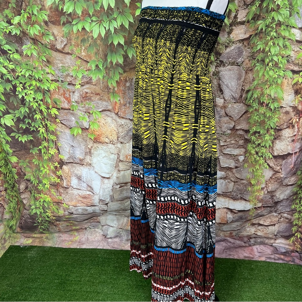 XHILARATION Shirred Strapless Multicolor Block Print Maxi Dress, S - Picture 4 of 11